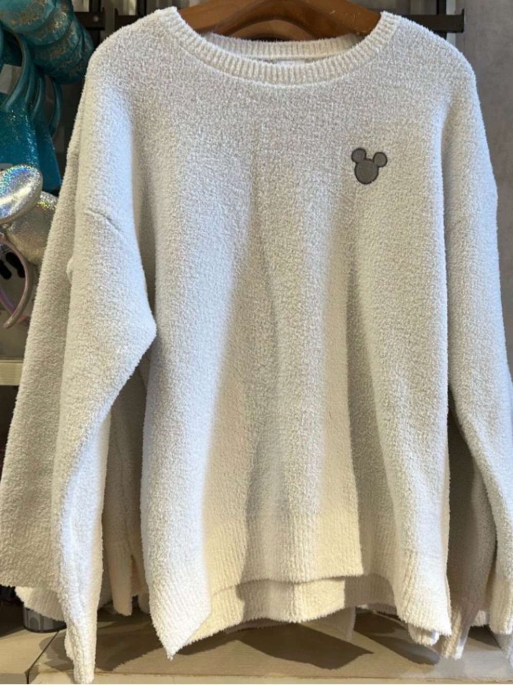 Disney Fuzzy White Pullover Crewneck Sweater with Embroidered Mickey Icon